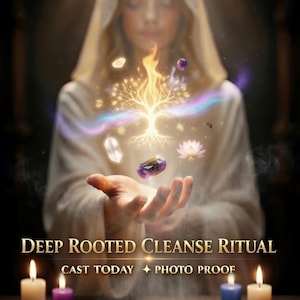 Puede incluir: Ilustración digital de una figura encapuchada con manos brillantes sosteniendo un árbol dorado flotante, cristales y una flor de loto. Cuatro velas rodean un zodiaco circular. Texto: DEEP ROOTED CLEANSE RITUAL CAST TODAY PHOTO PROOF.