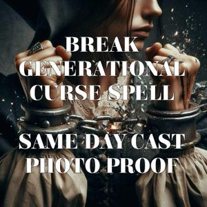 Puede incluir: Una persona con una prenda oscura con capucha y mangas beige con volantes, con las muñecas atadas por pesadas esposas de metal desgastado unidas por una cadena. El texto BREAK GENERATIONAL CURSE SPELL SAME DAY CAST PHOTO PROOF está superpuesto en blanco.