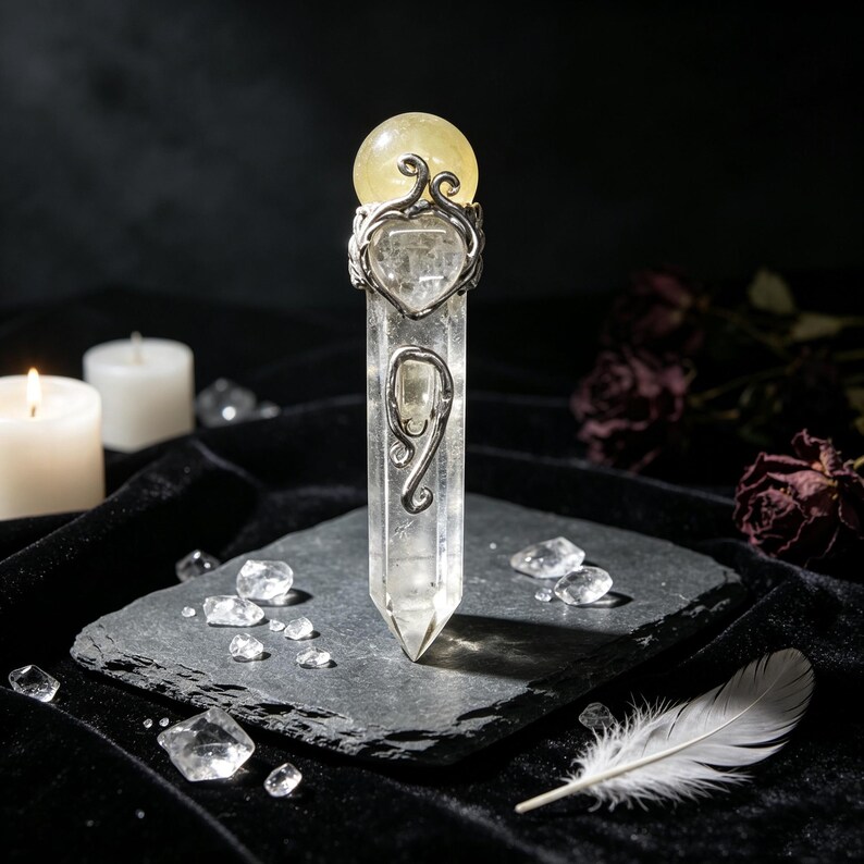 May include: A clear, hexagonal quartz crystal wand topped with a yellow spherical stone. The crystal is encased in a silver-toned metal filigree featuring a heart-shaped design and swirling patterns, standing vertically on a dark, textured stone base.