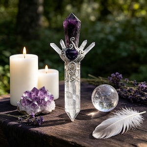 Puede incluir: Una varita de cristal vertical con una base de cuarzo transparente y una punta de amatista de color p&uacute;rpura intenso, unida por alambre de metal plateado con un peque&ntilde;o acento de amatista en forma de coraz&oacute;n y puntas de cuarzo radiantes.