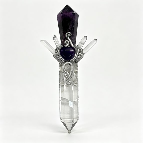 Handmade Amethyst & Clear Quartz Crystal Wand | Purple Heart Crystal Scepter | Witch Altar Decor | Fantasy Healing Wand