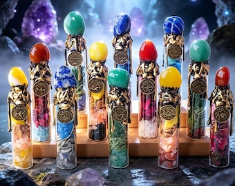 Zodiac Crystal Wish Bottle | Handmade Astrology Herbal Vial, Witchy Altar Decor, Spiritual Manifestation Crystal Jar, Zodiac Birthday Gift