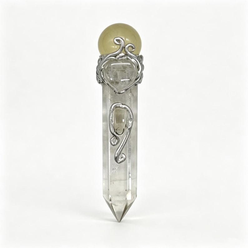Handmade Clear Quartz Crystal Wand with Serpentine Sphere | Crystal Healing Wand | Witch Altar Decor | Spiritual Gift image 1