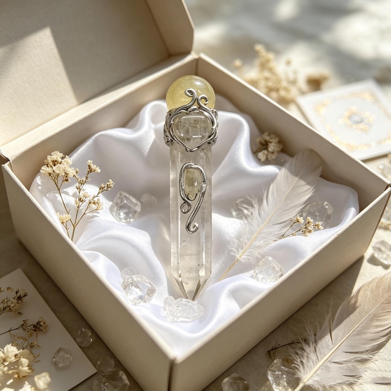 May include: A clear quartz crystal wand topped with a yellow sphere, encased in silver-toned wire wrapping. The wand rests inside a beige box lined with white satin fabric, accompanied by a white feather, small dried flowers, and clear stones.