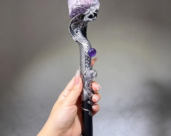 Amethyst Crystal Wand, Serpent Dragon Scepter, Handmade Gothic Altar Decor, Snake Ritual Wand, Fantasy Crystal Gift, Meditation Decor
