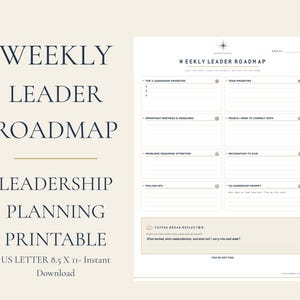 May include: A Weekly Leader Roadmap planning printable on US Letter 8.5 x 11 inch paper. The document features sections for leadership priorities, team priorities, meetings, connections, problems, recognition, follow-ups, and a coffee break reflection.