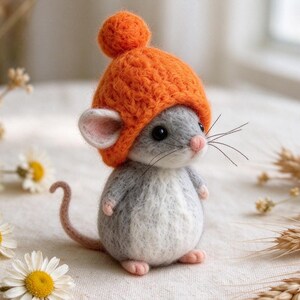 Handmade Needle Felt Mouse Figurine, Grey Wool Felt Rat With Orange Knit Pom Pom Hat, Miniature Autumn Decor, Small Gift For Animal Lovers