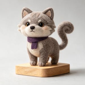 May include: A needle-felted gray wolf figurine with a textured wool finish, featuring large dark eyes, a small black nose, and a purple scarf around its neck. The wolf has a curled tail and stands on a smooth, rectangular light-colored wooden base.