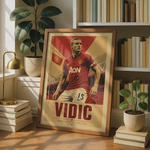 Nemanja Vidic Manchester United Poster, Retro Football Wall Art, Man Utd Print