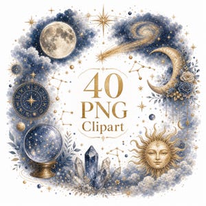 Pode incluir: Uma coleção digital de 40 imagens clipart PNG com elementos celestiais, incluindo uma lua cheia, uma lua crescente, um sol com rosto, uma roda do zodíaco, uma bola de cristal e vários cristais, em tons de azul, dourado e branco.