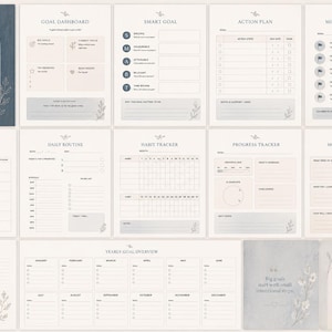 May include: A goal-setting and routine builder planner set featuring a dark blue cover and multiple light-colored pages including a goal dashboard, SMART goal sheet, action plan, milestone tracker, weekly routine, daily routine, habit tracker, and notes.