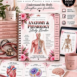 Puede incluir: Una carpeta de estudio de anatomía y fisiología con encuadernación en espiral y portada floral con una ilustración anatómica. Incluye 159 páginas, opciones digitales e imprimibles, y se muestra con tarjetas de estudio del corazón, células y sistema nervioso.