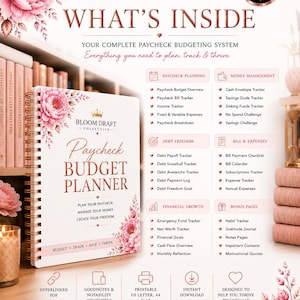 Puede incluir: Un planificador de presupuesto con encuadernación en espiral, portada blanca, ilustraciones florales rosas y texto dorado. Incluye secciones para planificación de ingresos, libertad de deudas, crecimiento financiero y gastos.