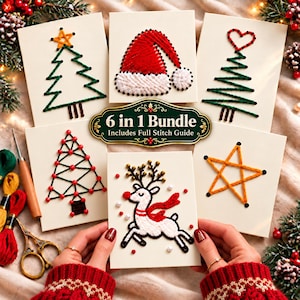 May include: A 6 in 1 bundle of Christmas-themed embroidery cards featuring a tree with a star, a Santa hat, a tree with a heart, a tree with red beads, a reindeer, and a star. The central label reads 6 in 1 Bundle Includes Full Stitch Guide.