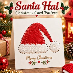 May include: A white greeting card featuring a string art design of a red Santa hat with a white brim and pom-pom. The text "Merry Christmas" is printed in gold below the hat, accompanied by small embroidered green holly leaves and a red heart.
