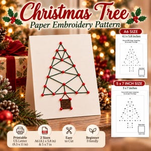 Paper Embroidery Christmas Card Pattern, Christmas Thread Card, DIY String Art Card, Printable Christmas Tree Craft, Digital Download PDF