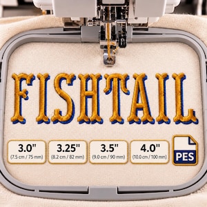 Könnte beinhalten: Ein Stickrahmen mit beigem Stoff, auf dem das Wort FISHTAIL in goldenem Garn mit blauen Umrandungen gestickt ist. Unter dem Text befinden sich vier Kästchen mit den Größen 7,5 cm, 8,2 cm, 9,0 cm und 10,0 cm sowie ein PES-Dateisymbol.