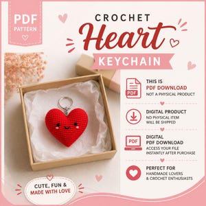 Crochet Heart Keychain Pattern PDF, Mini Amigurumi Heart Bag Charm, Easy Beginner Valentine Gift Keyring, Instant Download