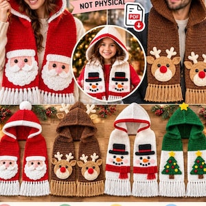 May include: A digital PDF crochet pattern for hooded scarves featuring Christmas themes including Santa Claus, reindeer, snowmen, and Christmas trees. The designs include colorful yarn details, white fringe, and character faces. Text includes Digital, NOT PHYSICAL, and PDF.