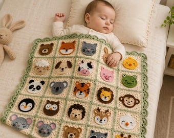 Modello PDF per copertina da neonato all'uncinetto, copertina quadrata "Nonna degli Animali", 25 quadrati applicati, copertina per cameretta a tema safari nel bosco, adatta ai principianti.