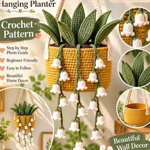 Op de afbeelding: Een haakpatroon voor een Lily of the Valley hangende plantenbak met een mosterdgele mand, groene bladeren en witte klokvormige bloemen. De tekst bevat "Lily of the Valley Hanging Planter", "Crochet Pattern", "Step by Step Photo Guide", "Beginner Friendly", "Easy to Follow", "Beautiful Home Decor", "PDF DIGITAL DOWNLOAD", "NO PHYSICAL ITEM" en "Beautiful Wall Decor".