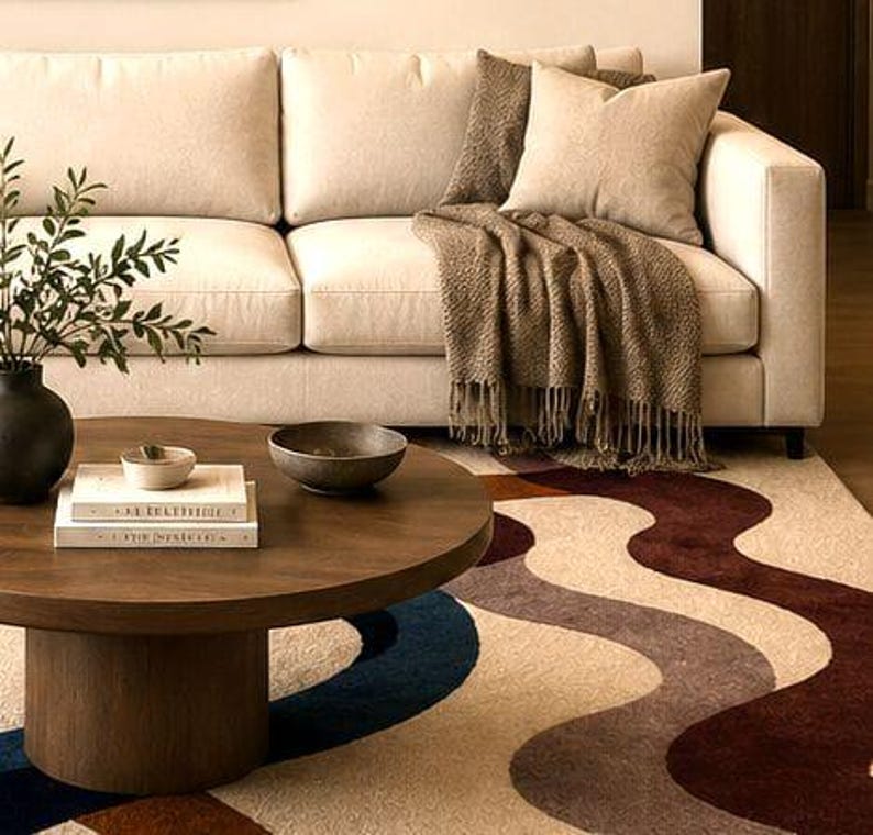 Blue Wavy Pattern Rug Retro 70s Wavy Abstract Carpet | Navy Blue, Rust Cream Groovy Floor Mat ...