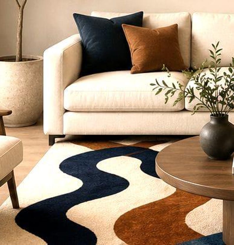 Blue Wavy Pattern Rug Retro 70s Wavy Abstract Carpet | Navy Blue, Rust Cream Groovy Floor Mat ...