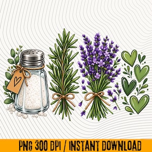 Puede incluir: Una ilustración digital que muestra un salero de cristal con una etiqueta marrón en forma de corazón, una rama de romero verde atada con cuerda, un ramo de lavanda morada y cuatro hojas verdes en forma de corazón, con el texto PNG 300 DPI INSTANT DOWNLOAD.