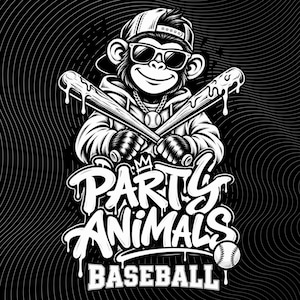 Könnte beinhalten: Eine schwarz-weiße grafische Illustration eines Affen mit Baseballkappe, Sonnenbrille und Kapuzenpullover mit Kette. Der Affe hält zwei gekreuzte Baseballschläger. Darunter steht der Text PARTY ANIMALS und BASEBALL in einer stilisierten Schrift.