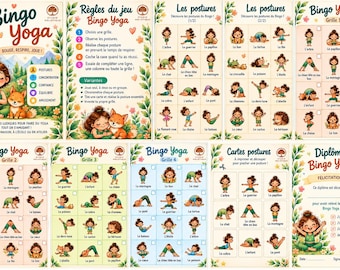 Puede incluir: Una colección de hojas de actividades de Bingo Yoga con personajes ilustrados realizando varias posturas, incluyendo reglas del juego, guías de posturas, cuatro cuadrículas de bingo, tarjetas imprimibles y un diploma, decorados con bordes florales.