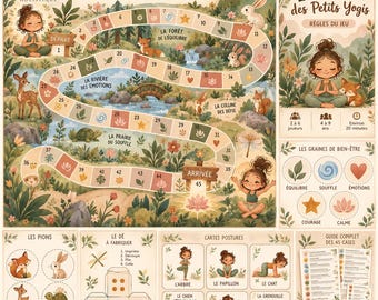 Puede incluir: Un juego de mesa titulado Le Parcours des Petits Yogis con un camino sinuoso de 45 casillas numeradas, ilustrado con animales del bosque, niños en posturas de yoga y motivos naturales. Incluye reglas, tarjetas de posturas y fichas.