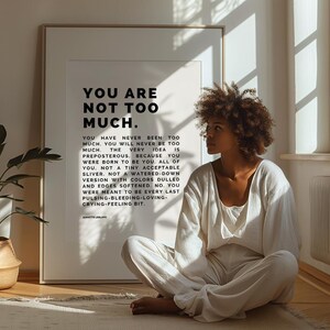 Väggkonsttryck "Du är inte för mycket" | Stärkande minimalistisk typografi och djärv självkärleksdekor | Självförtroendebekräftelse för läkning bild 9