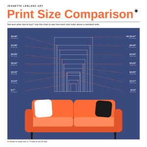 Size chart for the You Are Not Too Much print showing all 14 sizes to scale, from 5x7 up to A0 33x47 inches, as white outlines on a navy wall above an orange sofa, each labeled in inches and centimeters. A quick way to pick the right size of self love affirmation poster before you order, from Jeanette LeBlanc Art.