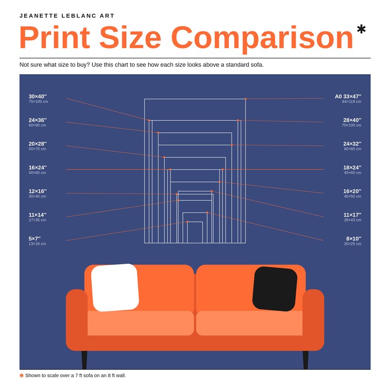Size chart for the You Are Not Too Much print showing all 14 sizes to scale, from 5x7 up to A0 33x47 inches, as white outlines on a navy wall above an orange sofa, each labeled in inches and centimeters. A quick way to pick the right size of self love affirmation poster before you order, from Jeanette LeBlanc Art.