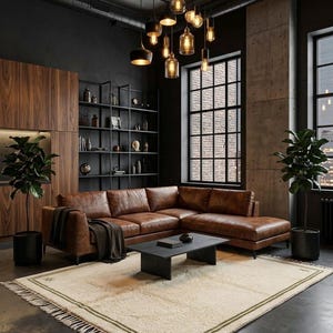 Könnte beinhalten: Ein braunes Lederecksofa mit Récamiere auf einem cremefarbenen Teppich mit grünen Bordüren und Fransen. Ein schwarzer, rechteckiger Couchtisch steht vor dem Sofa, ergänzt durch eine Deckenleuchte mit mehreren hängenden Lichtquellen.