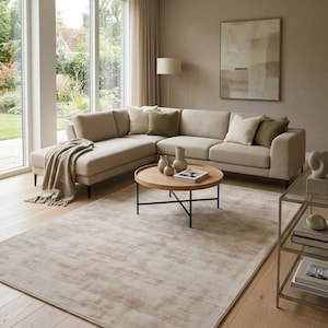 Hand Tufted Viscose Carpet, Soft Silky Neutral Area Rug, Luxury Beige Living Room Rug.