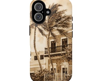 Old San Juan Spanish Streets Vintage Palm Trees Phone Case | Sepia Coastal Tough Case
