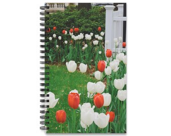 Red and White Tulip Garden Spiral Journal | Botanical Photo Notebook