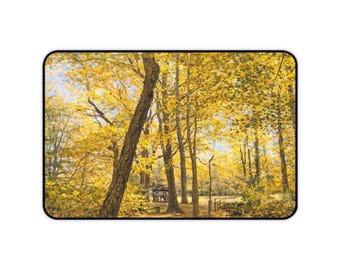 Autumn Forest Scene Desk Mat | Yellow Fall Trees Mouse Pad