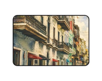 Old San Juan Street Desk Mat | Vintage Colonial Cityscape Mouse Pad
