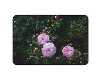 Pink Rose Blooms Desk Mat | Floral Mouse Pad, Botanical Office Decor
