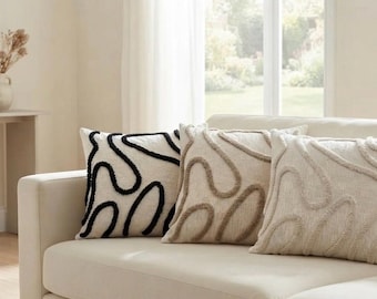 Tufted Pillow Cover 18x18, Abstract Boho Cushion Cover, Cream Black Grey Textured Throw Pillow, Modern Minimalist Decor, New Home Gift