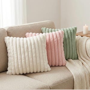 Faux Fur Pillow Cover 18x18, Fluffy Striped Plush Cushion Cover, Cream Pink Sage Throw Pillow, Cozy Winter Home Decor, New Home Gift