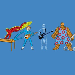 May include: Illustration of a superhero band on a blue background. The Human Torch is playing a keyboard, Mr. Fantastic is playing a guitar, The Thing is wearing a dress and holding a vacuum cleaner, and a ghost-like figure is playing a bass guitar.