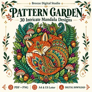 May include: A digital coloring book cover titled Breeze Digital Studio PATTERN GARDEN 30 Intricate Mandala Designs. The central illustration features a curled fox with orange and teal mandala patterns surrounded by green leaves, red mushrooms, and brown acorns.