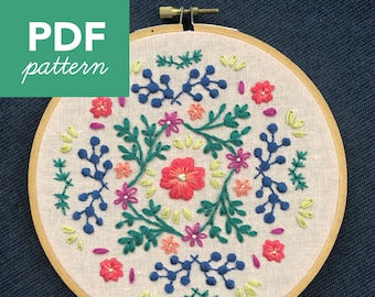 Modèle PDF de broderie à la main de fleur moderne. Motif de broderie débutant. Broderie florale contemporaine.