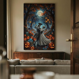 May include: A vertical wall art print depicting two skeletons in formal attire dancing in a dark forest at night. The scene is illuminated by a full moon, glowing hanging lanterns, and numerous carved jack-o'-lanterns scattered on the ground.