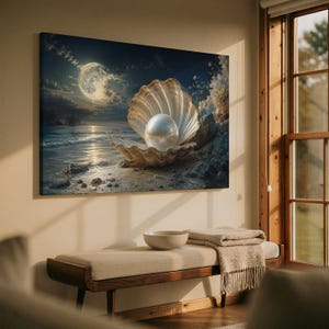 May include: A rectangular wall art print depicting a large, luminous pearl resting inside an open seashell on a sandy beach at night. The scene features a full moon reflecting over the ocean waves, rocky formations, and a dark, starry sky.