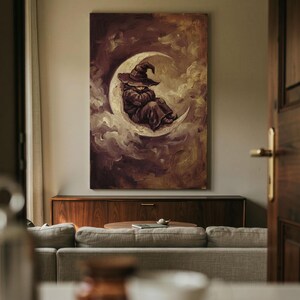 May include: A vertical rectangular painting in shades of brown and cream featuring a figure wearing a pointed hat and dark robes, curled up and resting within the curve of a crescent moon surrounded by swirling clouds and textured brushstrokes.