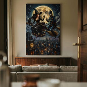 May include: A vertical wall art print depicting a witch in a black dress and a skeleton police officer in a blue uniform flying on broomsticks over a dark city at night. A large full moon illuminates the scene with a black cat and a clock tower.